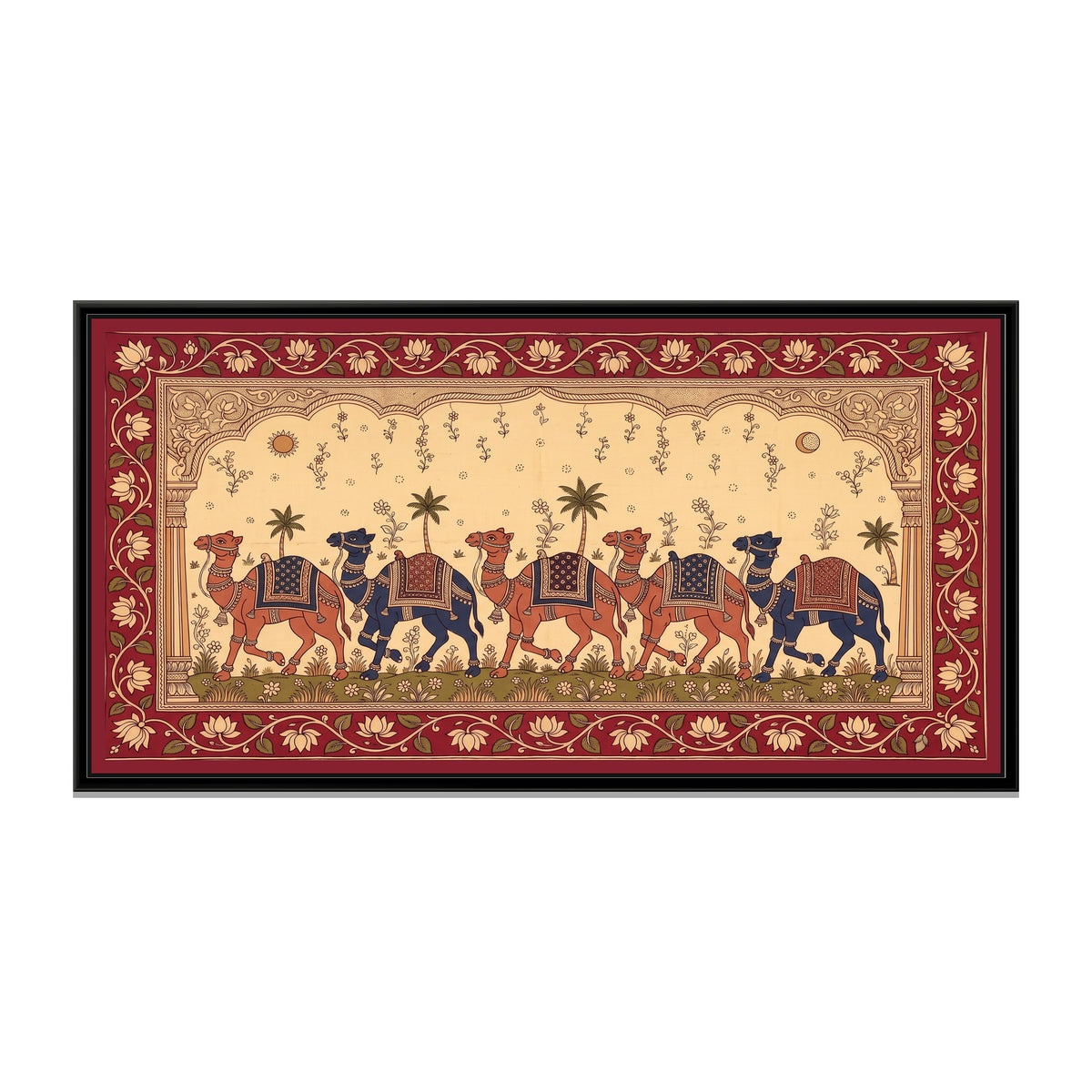 Kalamkari Painting – Camel Caravan Procession - framed canvas print, front view