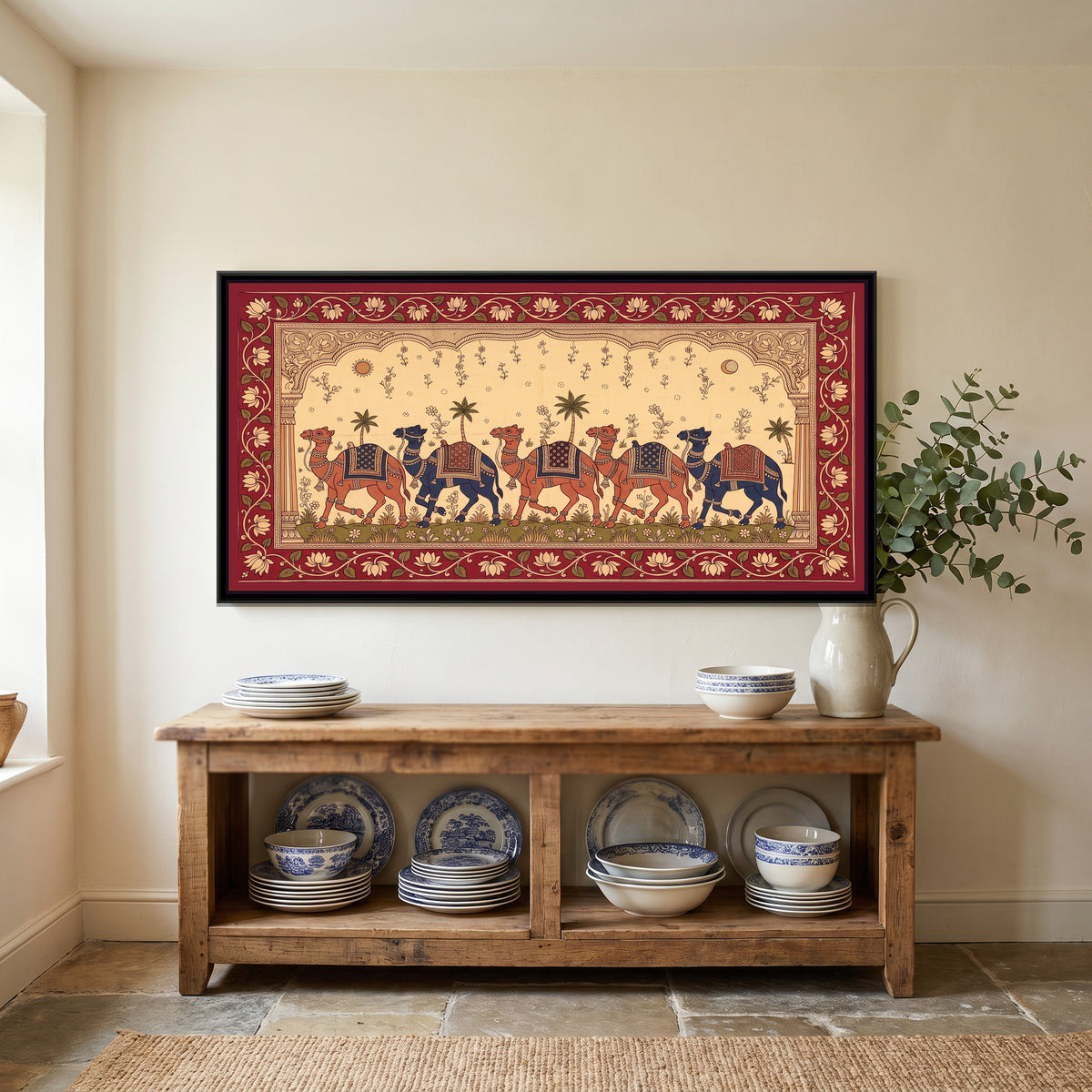 Kalamkari Painting – Camel Caravan Procession - canvas print shown in a second room setting