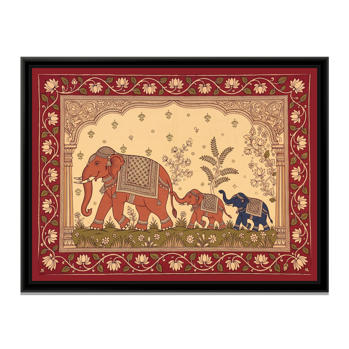 Kalamkari Painting – Elephants and Calves in Procession - framed canvas print, front view