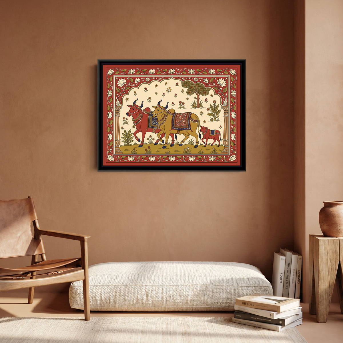 Kalamkari Painting – Decorated Bullocks Procession - canvas print shown in a styled room