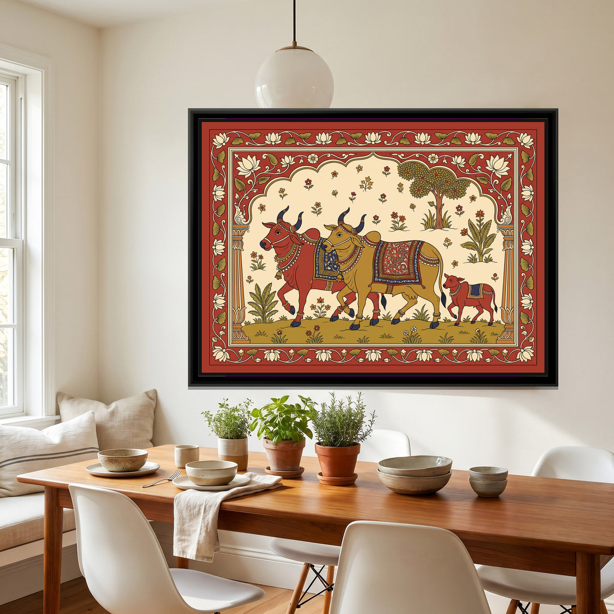 Kalamkari Painting – Decorated Bullocks Procession - canvas print shown in a second room setting