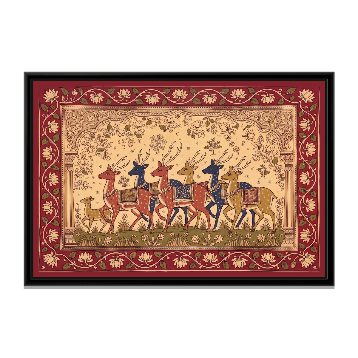 Kalamkari Painting – Procession of Spotted Deer - framed canvas print, front view