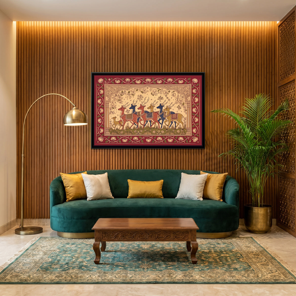 Kalamkari Painting – Procession of Spotted Deer - canvas print shown in a styled room