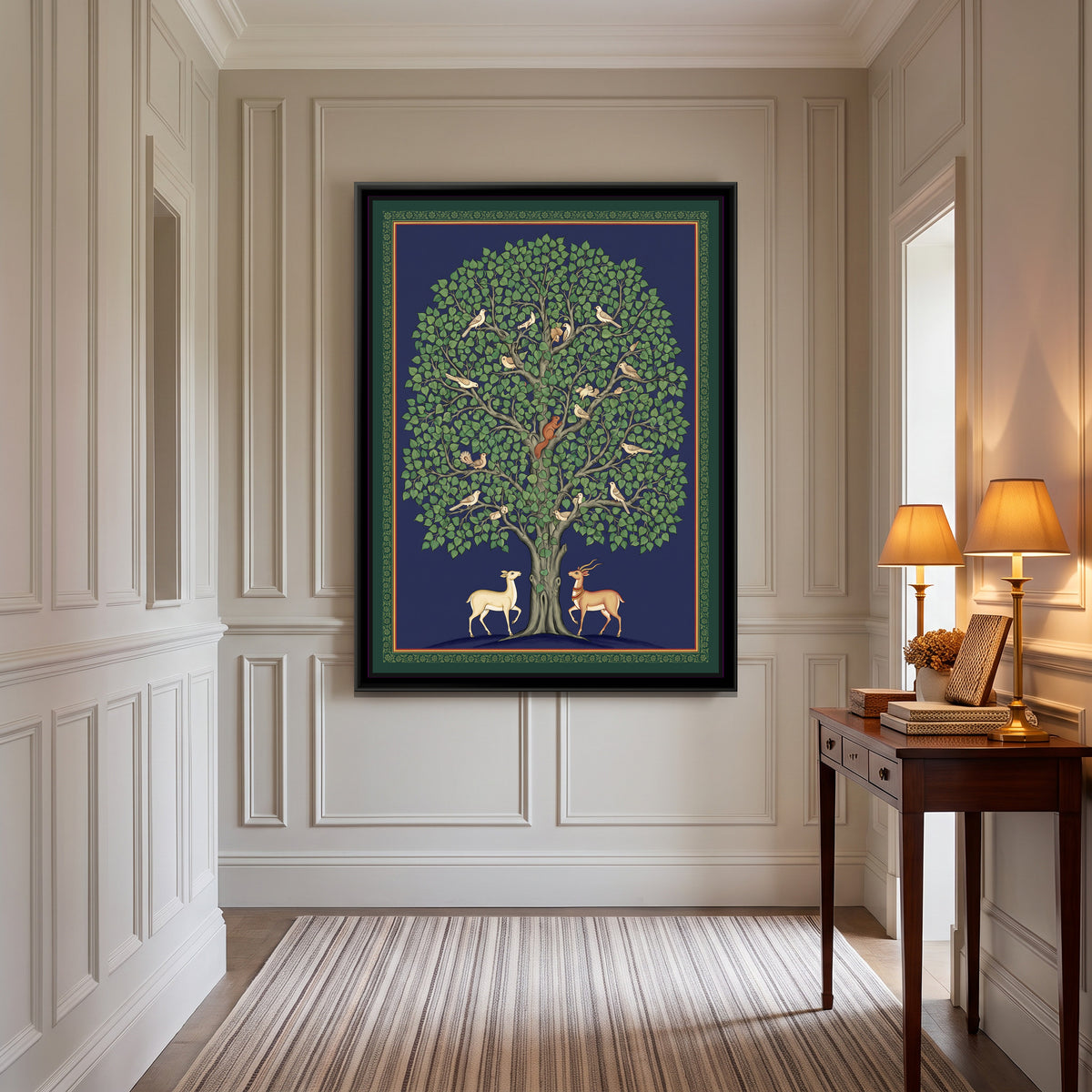 Pichwai Painting – Peepal Tree with Birds - canvas print shown in a second room setting