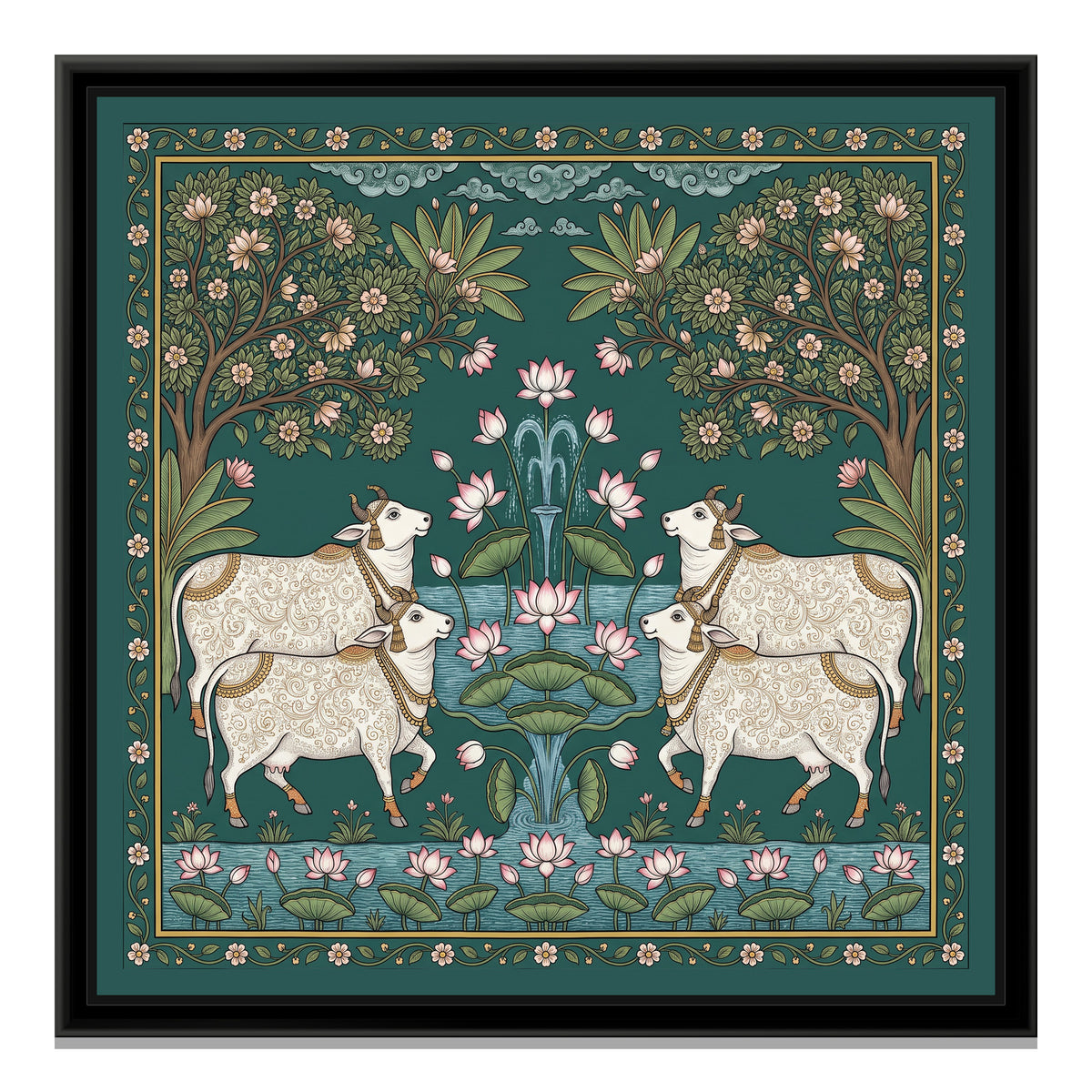 Pichwai Painting – Cows around a Lotus Pond - framed canvas print, front view