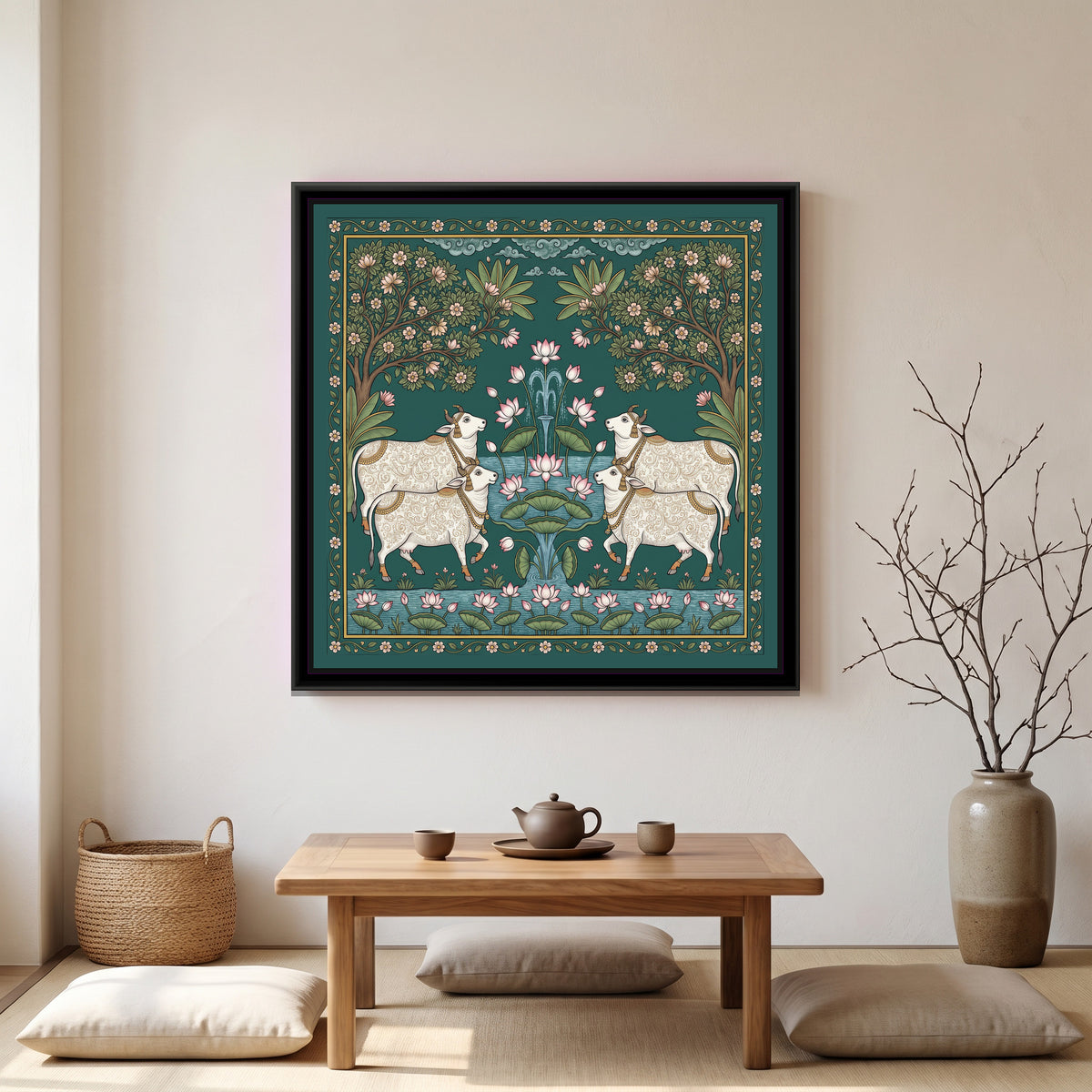 Pichwai Painting – Cows around a Lotus Pond - canvas print shown in a styled room