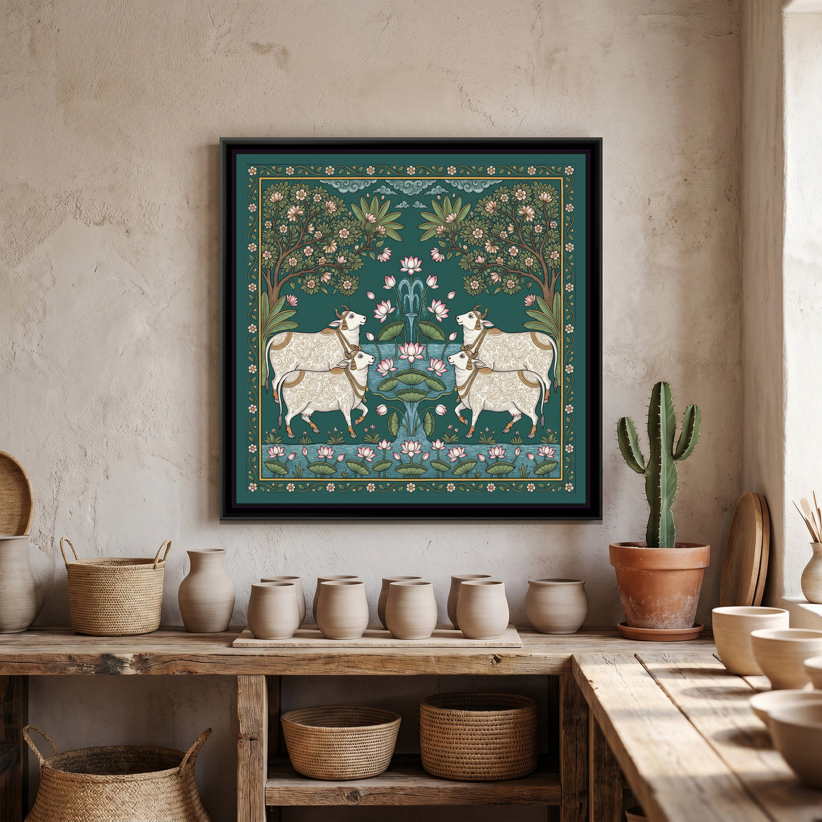 Pichwai Painting – Cows around a Lotus Pond - canvas print shown in a second room setting