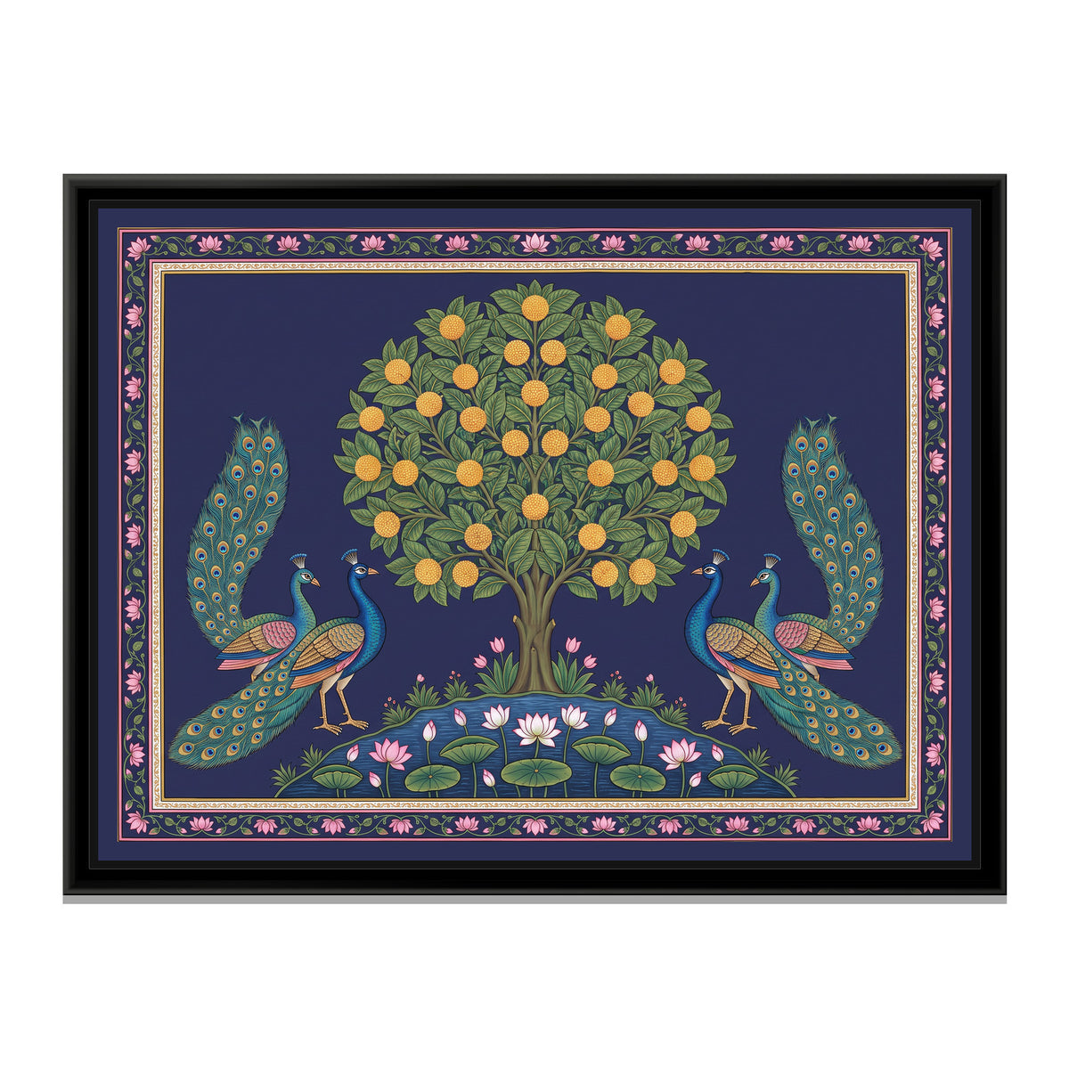 Pichwai Painting – Peacocks Flanking a Kadamba Tree - framed canvas print, front view