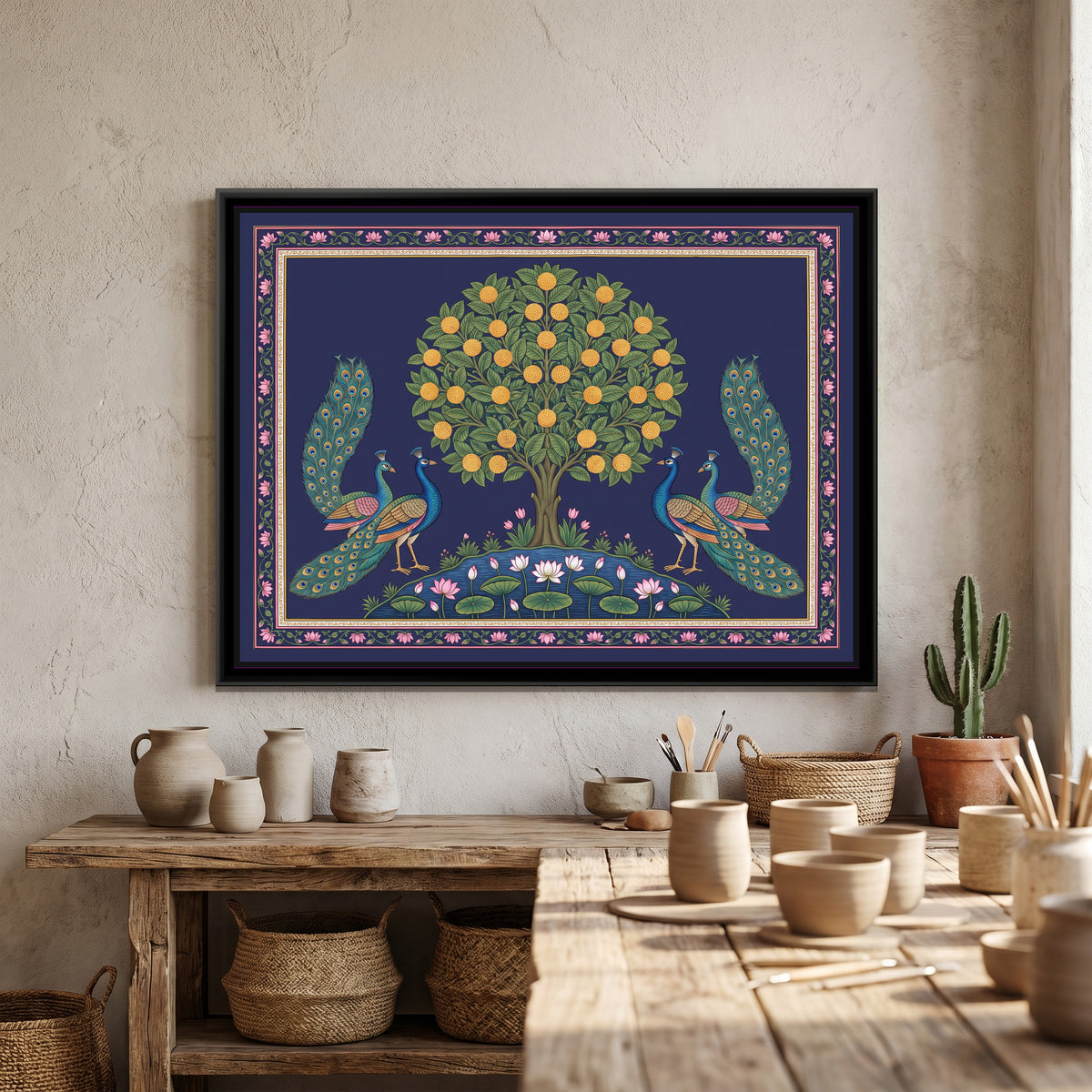 Pichwai Painting – Peacocks Flanking a Kadamba Tree - canvas print shown in a second room setting
