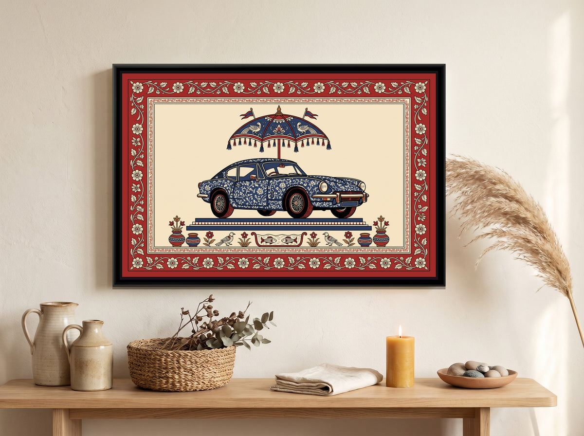 Kalamkari Painting – Classic Sports Coupe - canvas print shown in a second room setting