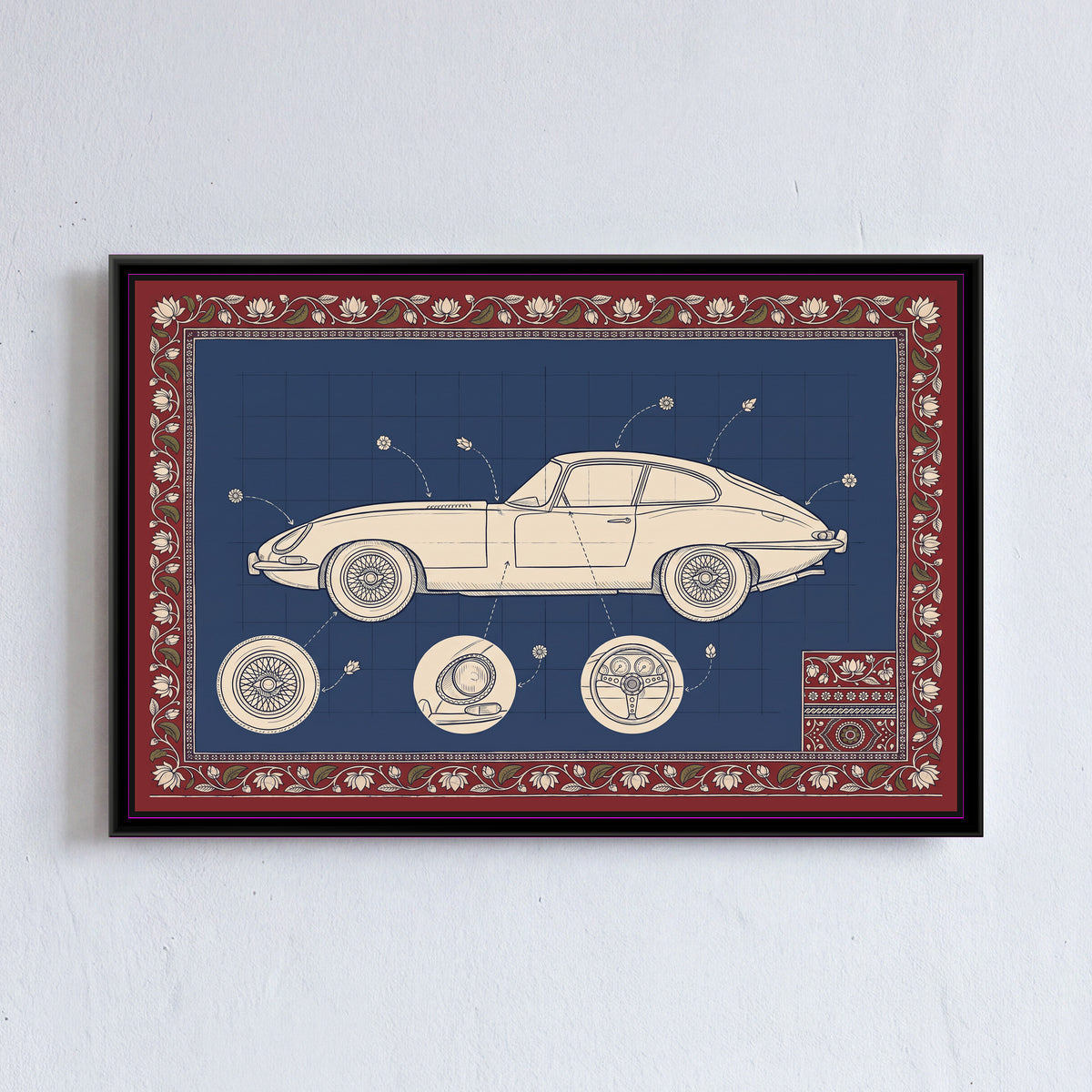 Kalamkari Blueprint – Classic Sports Coupe - framed canvas print of a long-bonneted vintage sports coupe in side view drawn in cream line on a deep indigo blueprint grid, dotted arrows pointing to little flowers, three round detail circles below showing a spoked wire wheel, a headlamp and a steering wheel with dials, a small patterned swatch in the lower right corner, all inside a deep red border of cream lotuses on a trailing vine, hung on a wall