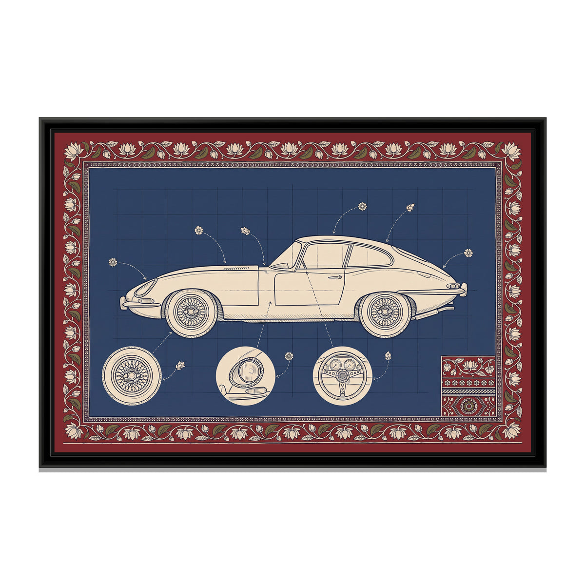 Kalamkari Blueprint – Classic Sports Coupe - framed canvas print, front view