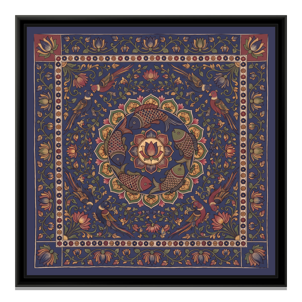 Kalamkari Painting – Fish Mandala – Deep Indigo - framed canvas print, front view