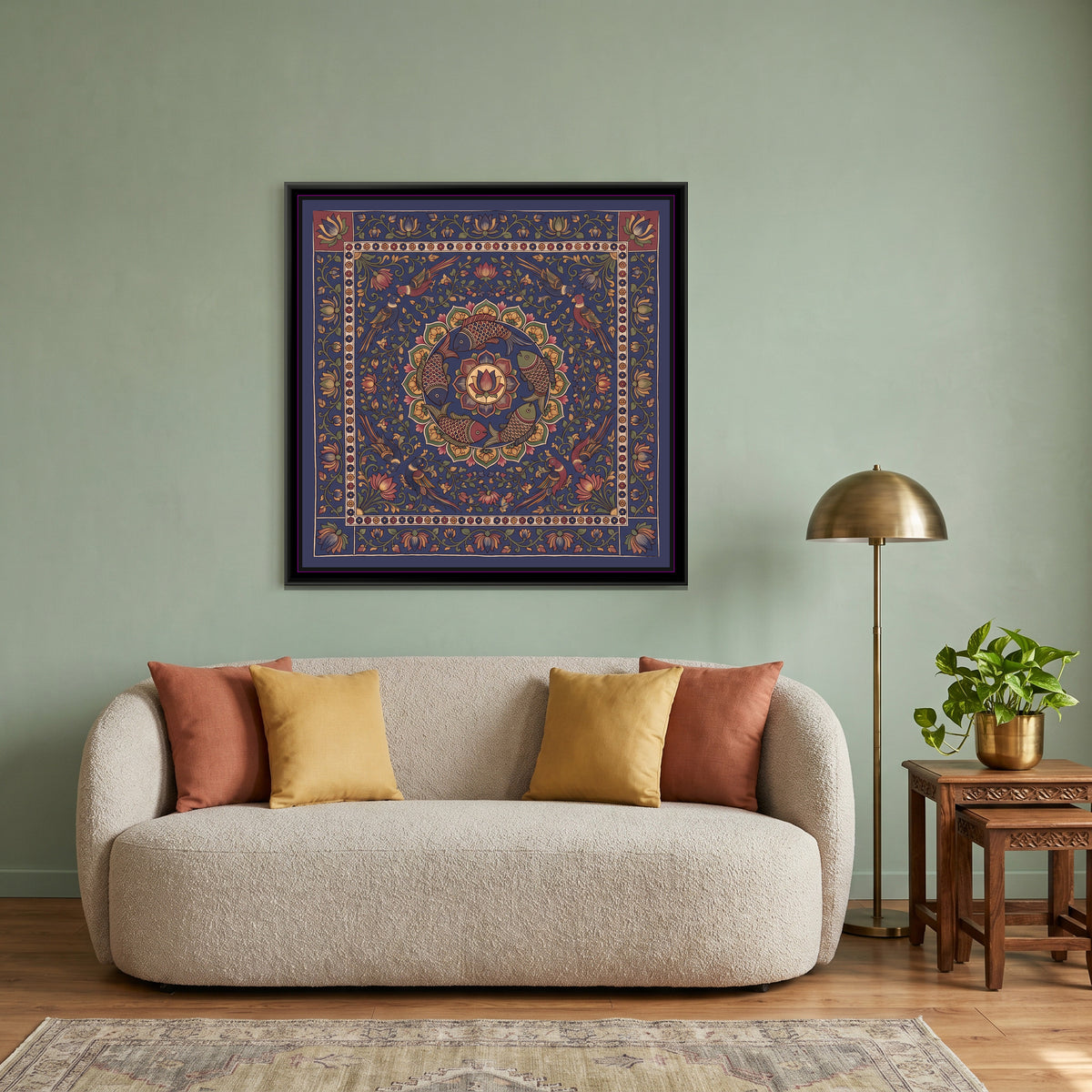 Kalamkari Painting – Fish Mandala – Deep Indigo - canvas print shown in a styled room