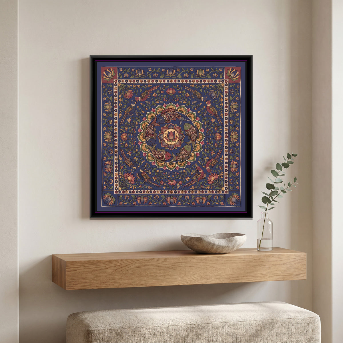 Kalamkari Painting – Fish Mandala – Deep Indigo - canvas print shown in a second room setting
