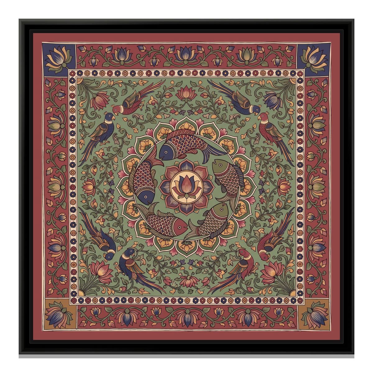 Kalamkari Painting – Fish Mandala – Sage Green - framed canvas print, front view
