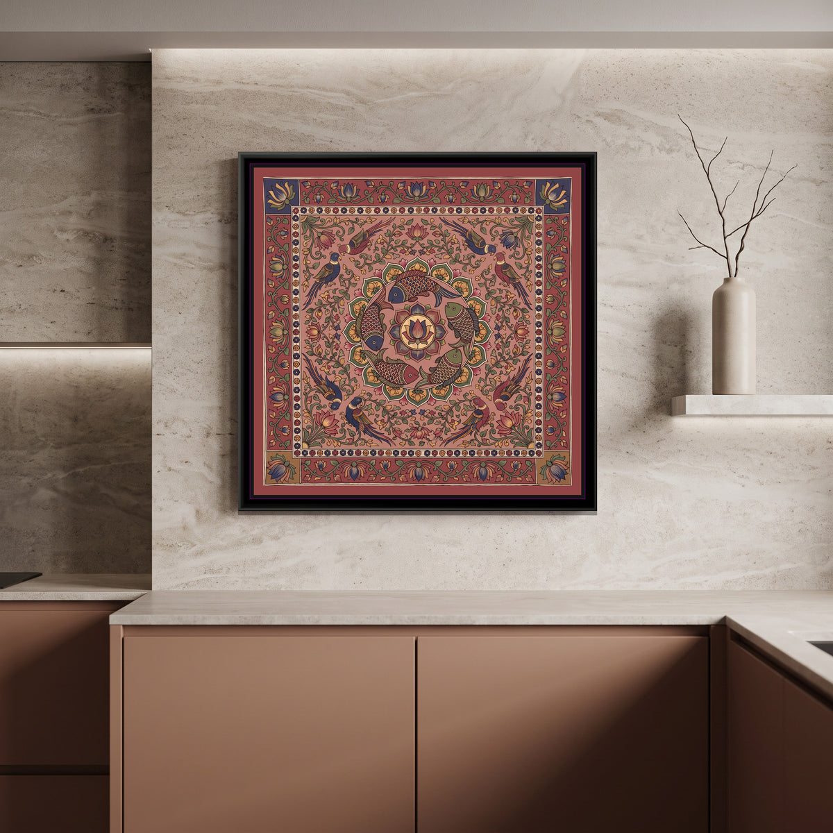 Kalamkari Painting – Fish Mandala – Dusty Rose - canvas print shown in a styled room
