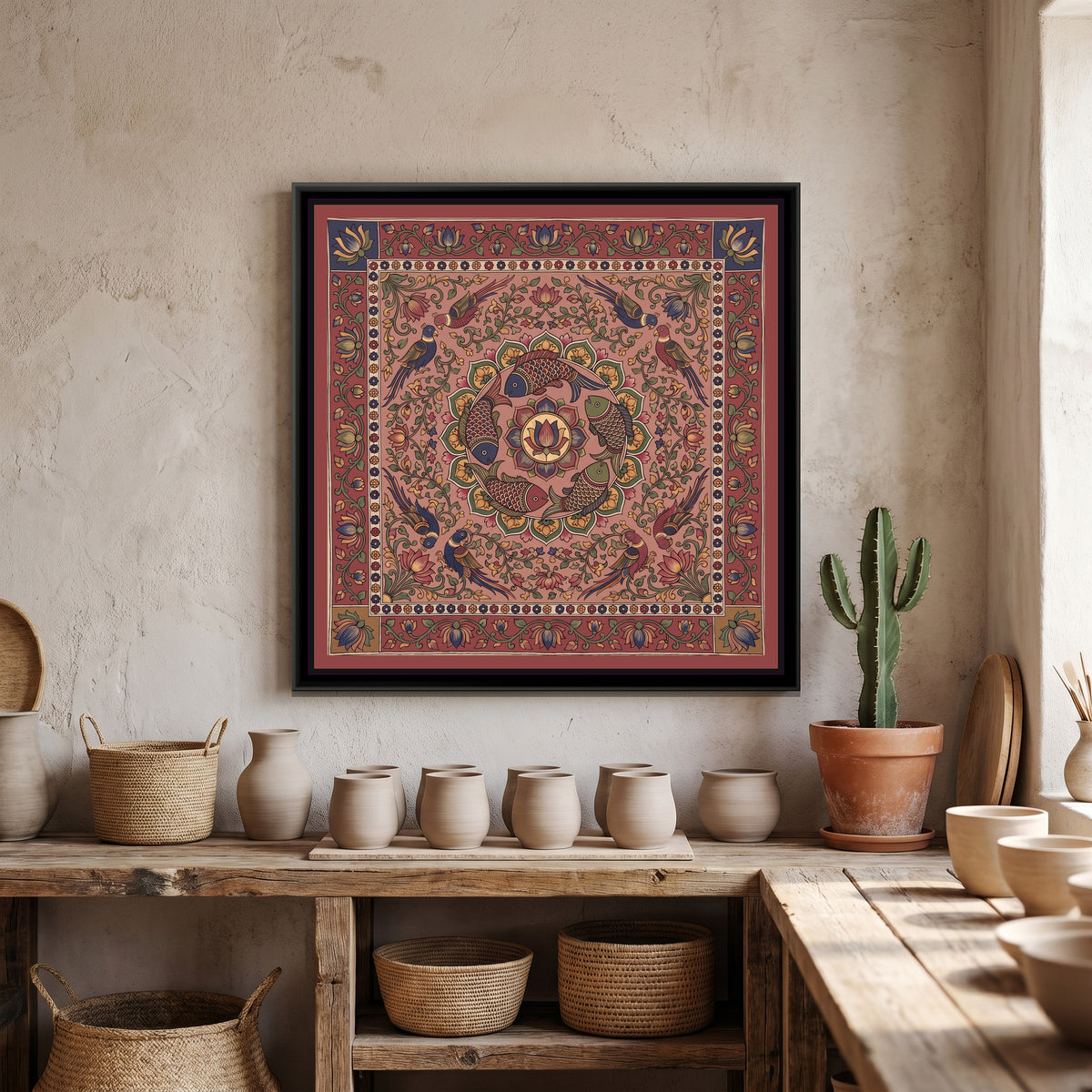 Kalamkari Painting – Fish Mandala – Dusty Rose - canvas print shown in a second room setting