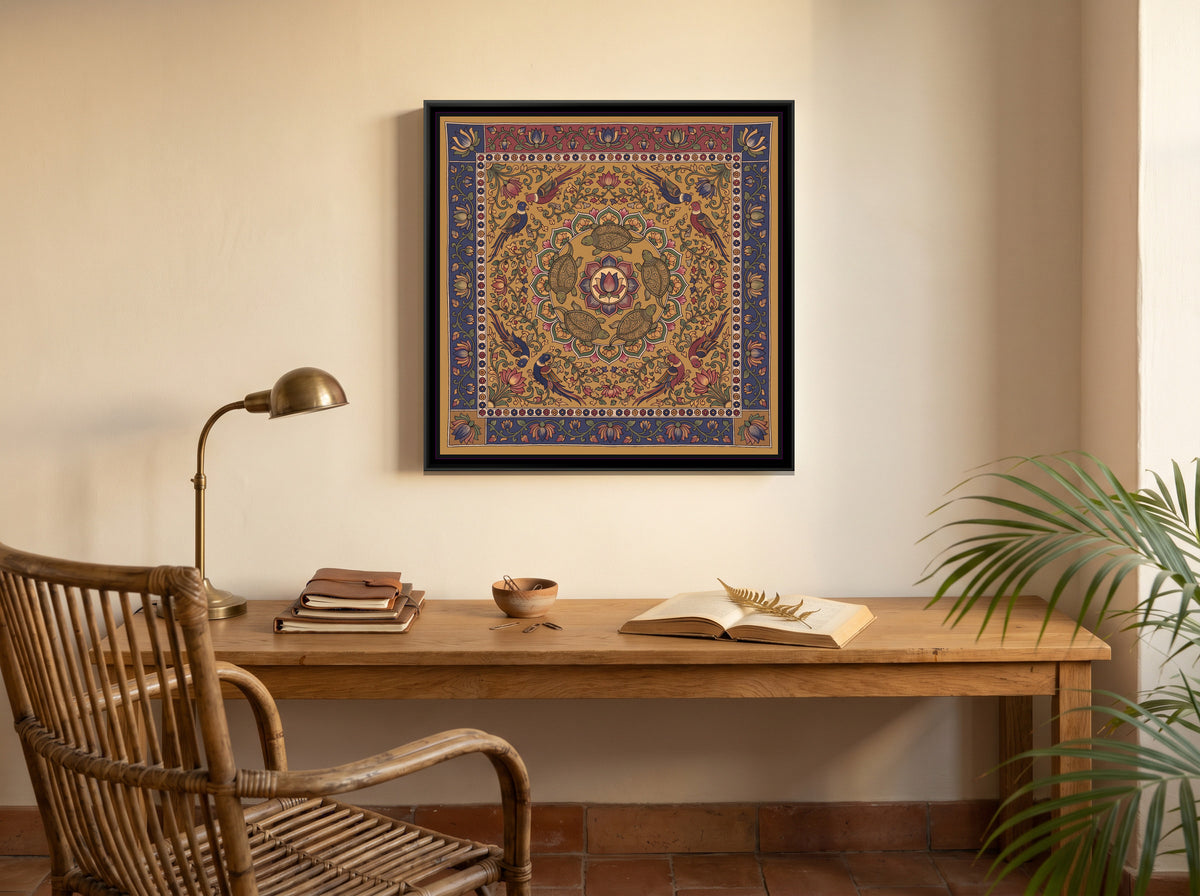 Kalamkari Painting – Turtle Mandala - canvas print shown in a styled room