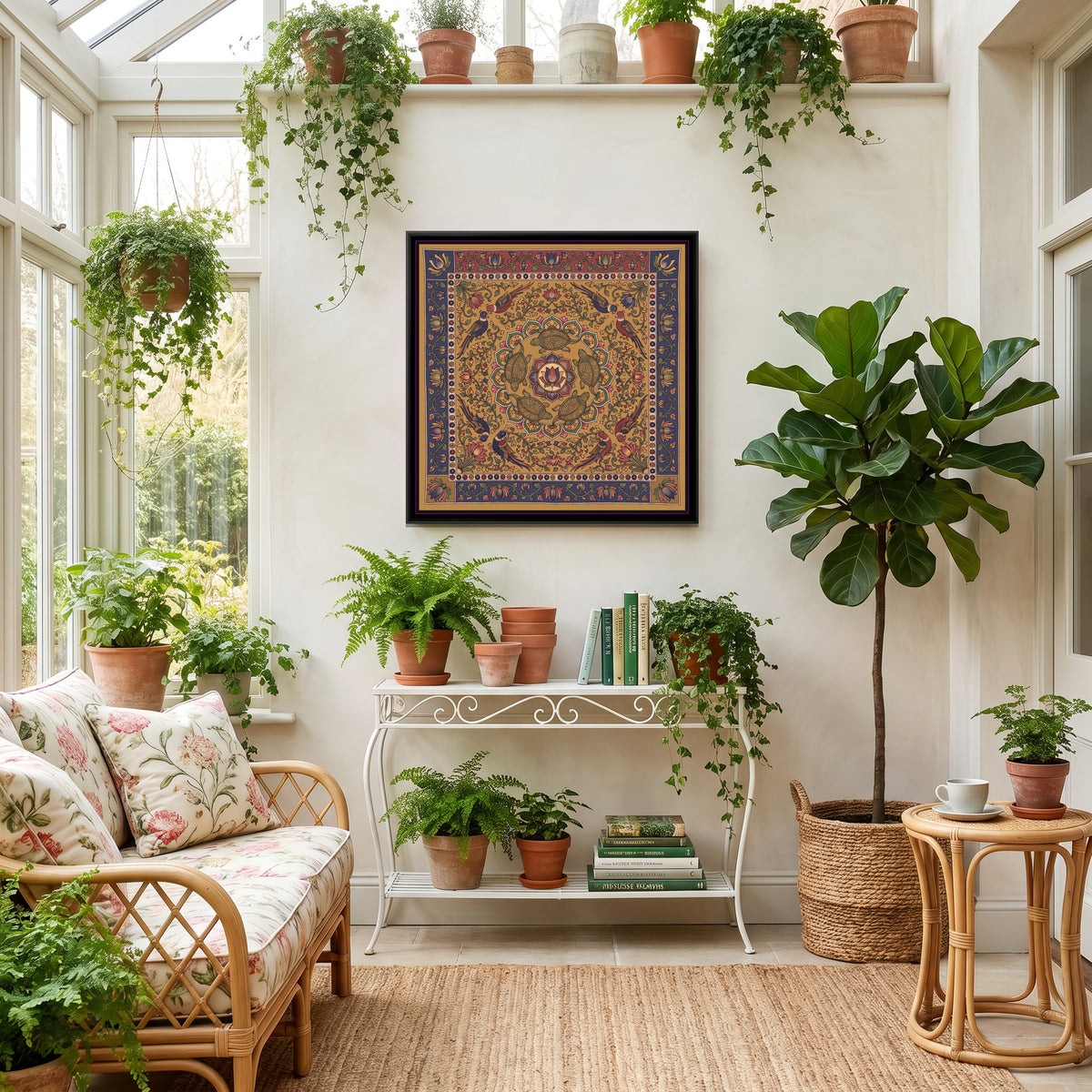 Kalamkari Painting – Turtle Mandala - canvas print shown in a second room setting