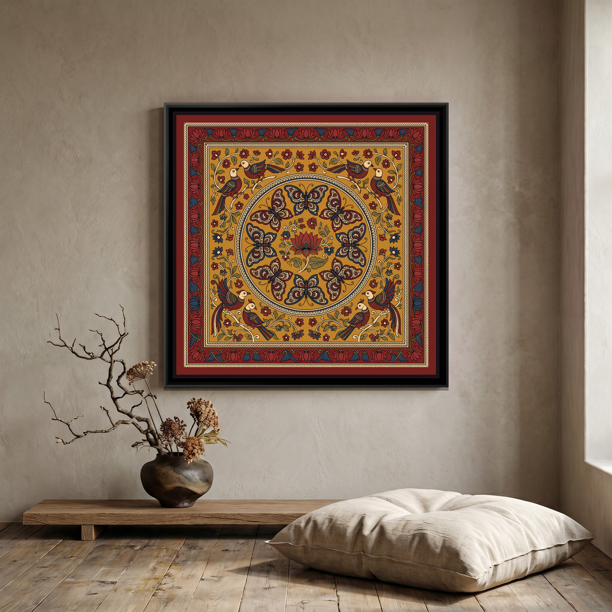Kalamkari Painting – Butterfly Mandala - canvas print shown in a styled room