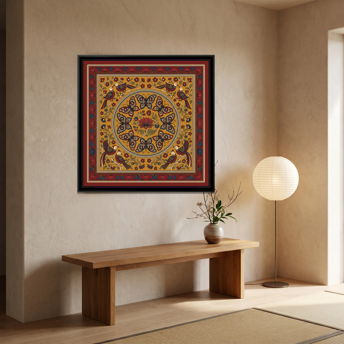 Kalamkari Painting – Butterfly Mandala - canvas print shown in a second room setting