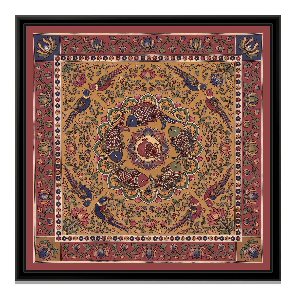 Kalamkari Painting – Fish and Pomegranate Mandala - framed canvas print, front view