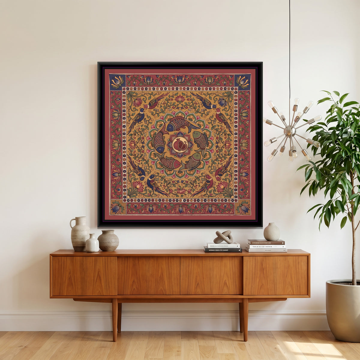 Kalamkari Painting – Fish and Pomegranate Mandala - canvas print shown in a styled room