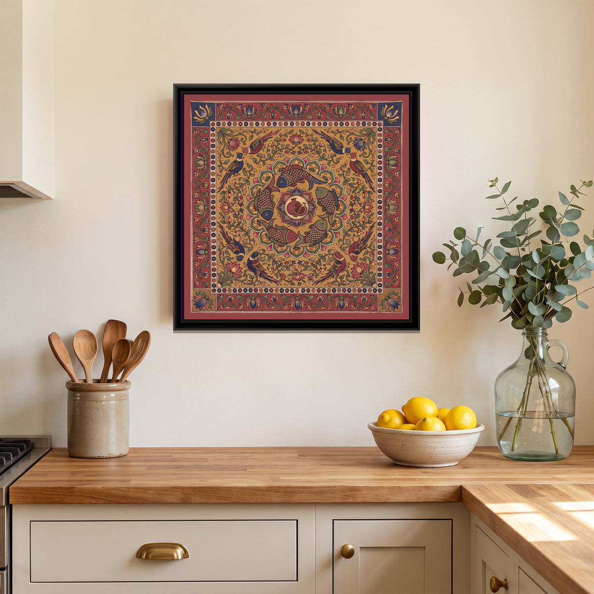 Kalamkari Painting – Fish and Pomegranate Mandala - canvas print shown in a second room setting
