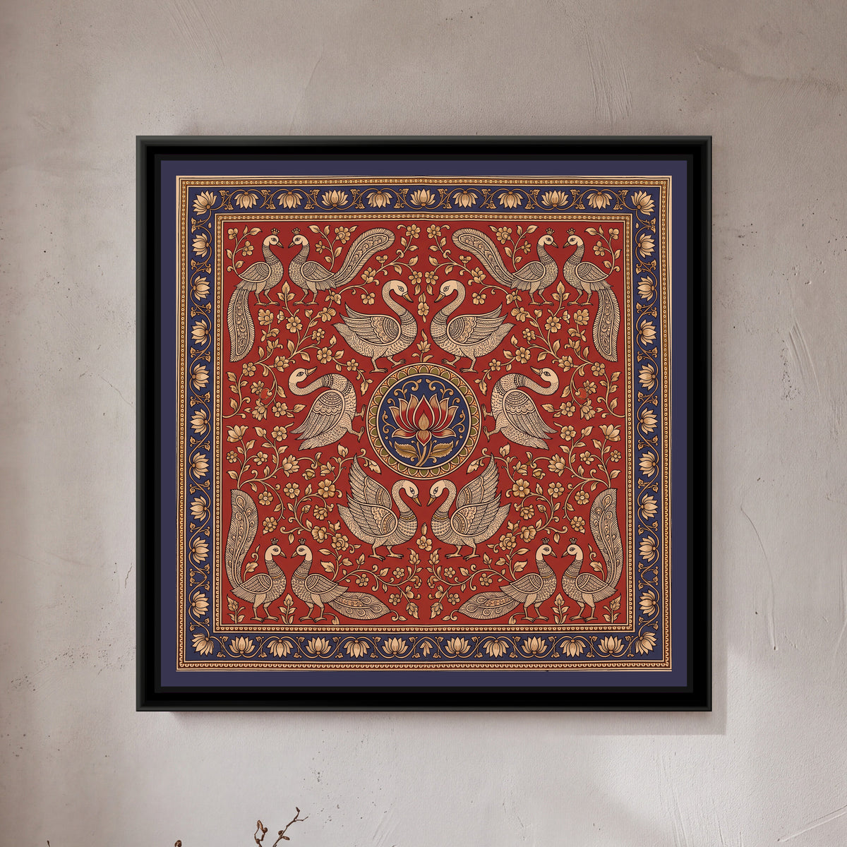 Kalamkari Painting – Swan Mandala – Madder - framed canvas print of six cream line-drawn swans with finely patterned wings arranged in mirrored pairs around a round indigo medallion holding a single red lotus, pairs of crested peacocks with long patterned tails in all four corners, cream flowering creepers filling a deep madder red ground, inside a deep indigo border of cream lotuses on a trailing vine, hung on a wall