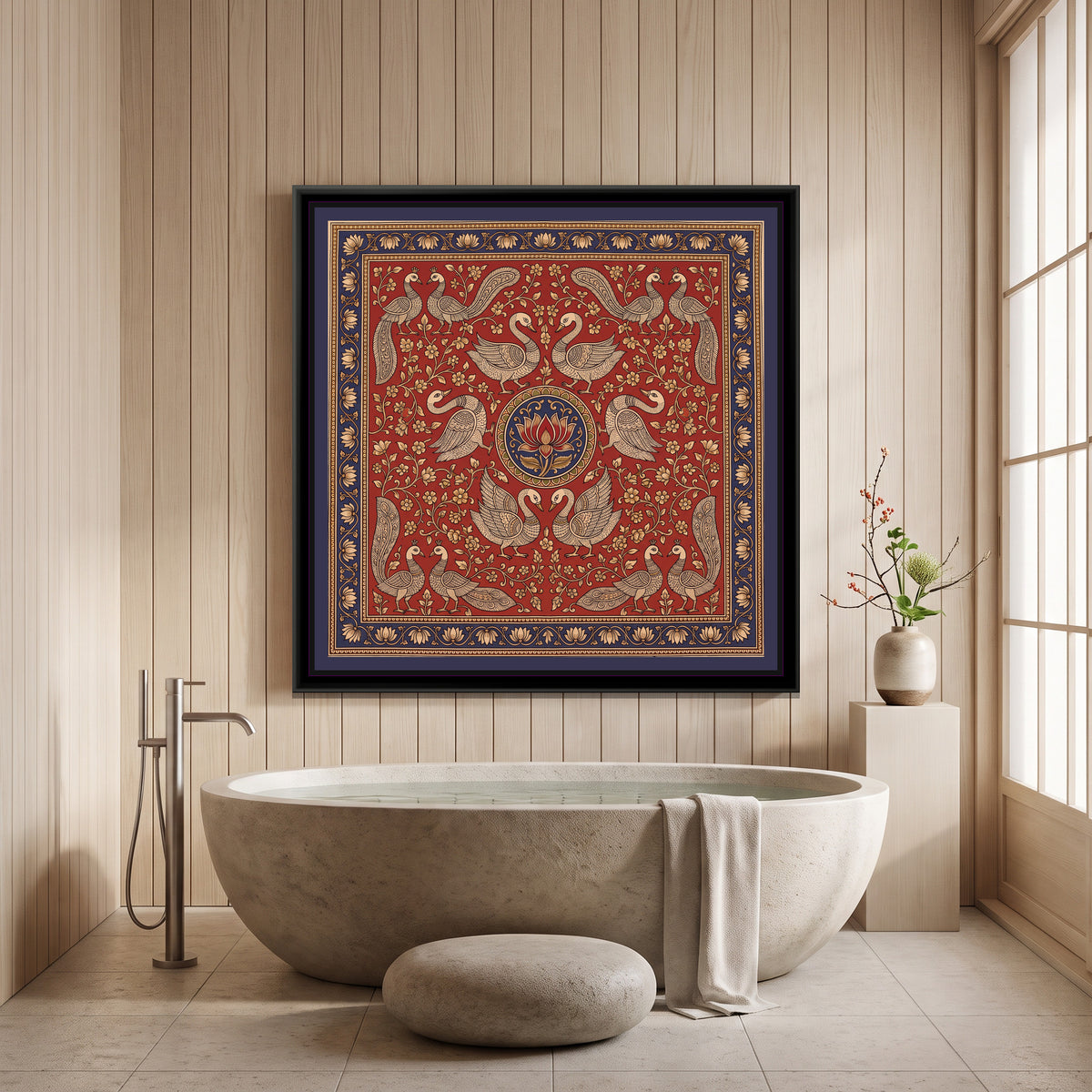 Kalamkari Painting – Swan Mandala – Madder - canvas print shown in a styled room