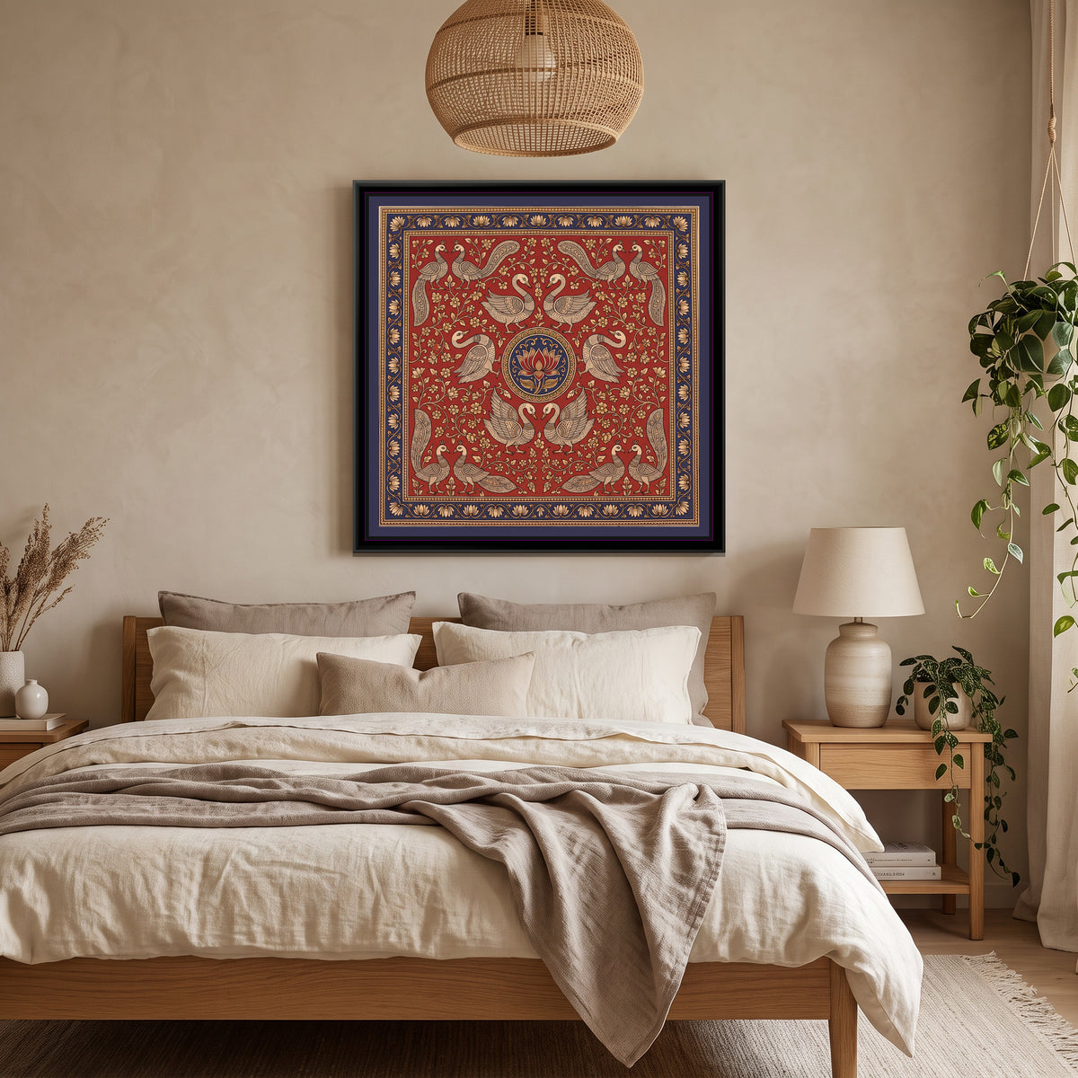 Kalamkari Painting – Swan Mandala – Madder - canvas print shown in a second room setting