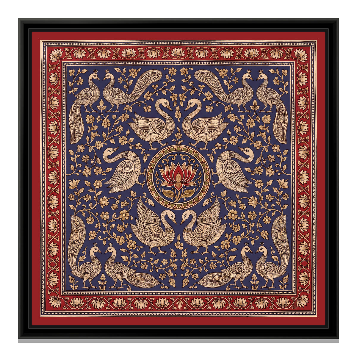 Kalamkari Painting – Swan Mandala – Indigo - framed canvas print, front view