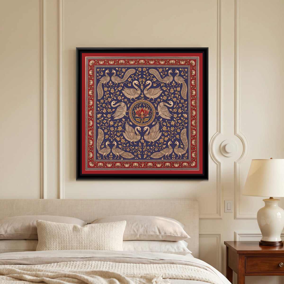 Kalamkari Painting – Swan Mandala – Indigo - canvas print shown in a second room setting
