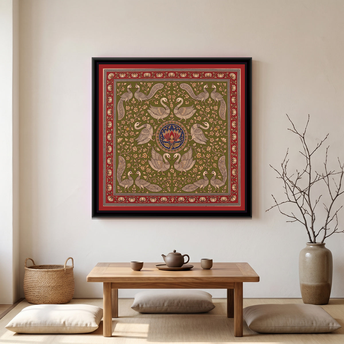 Kalamkari Painting – Swan Mandala – Olive - canvas print shown in a second room setting