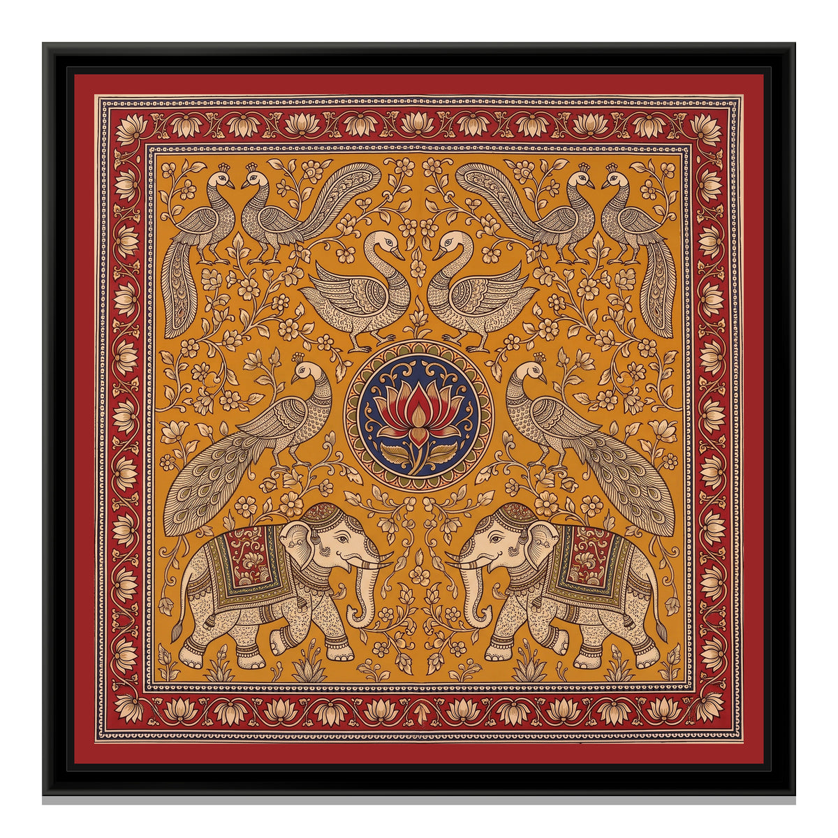 Kalamkari Painting – Elephant and Peacock Mandala - framed canvas print, front view