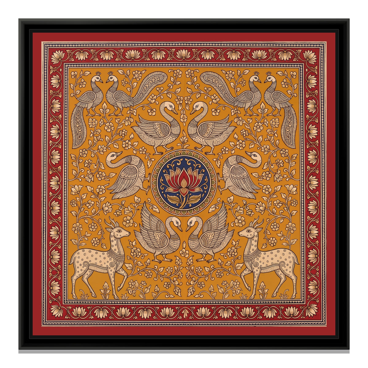 Kalamkari Painting – Deer and Swan Mandala - framed canvas print, front view