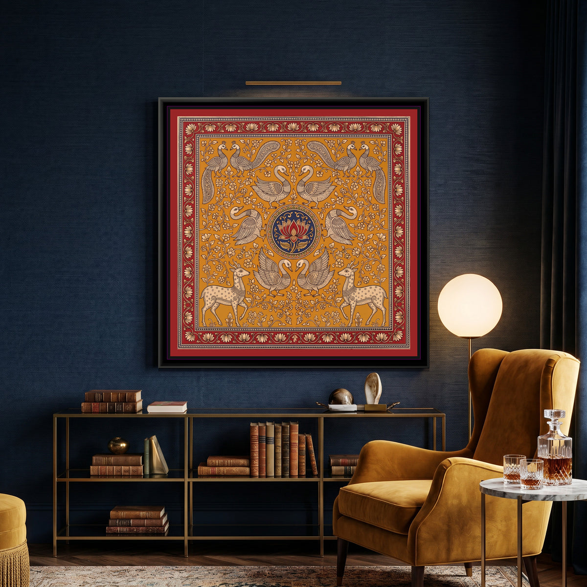Kalamkari Painting – Deer and Swan Mandala - canvas print shown in a styled room