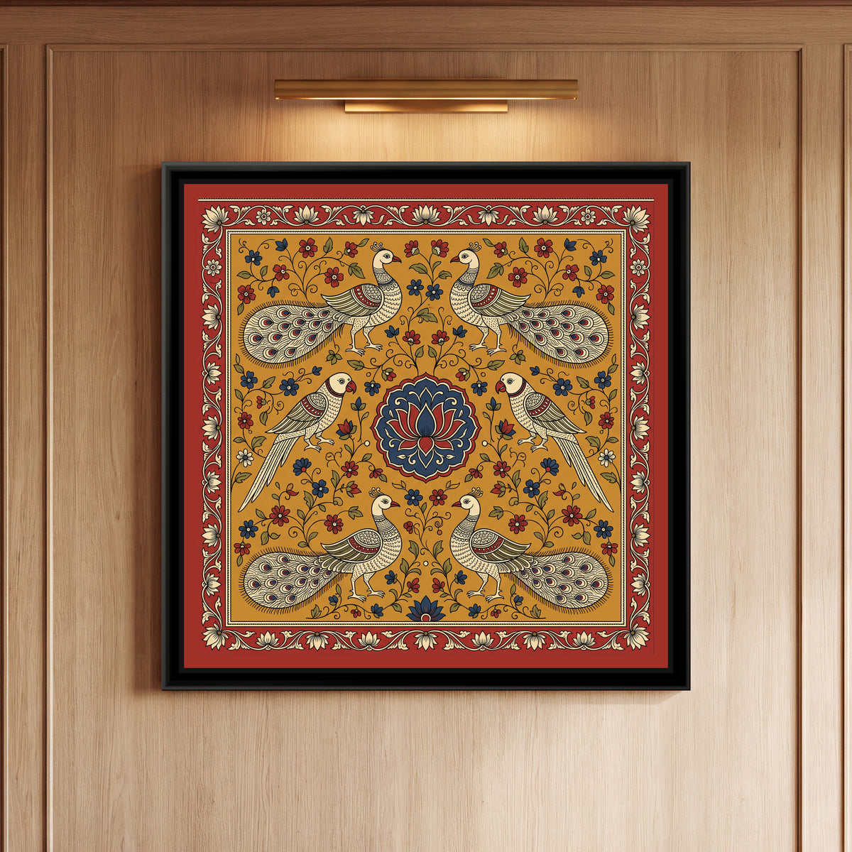 Kalamkari Painting – Parrot and Peacock Mandala - framed canvas print of four cream peacocks with red-patterned wings and fanned tails dotted with red and blue eyes, two at the top and two at the bottom facing each other, two cream parrots with red beaks and long tails at the sides, all around a scalloped indigo medallion with a red and cream lotus, small red and blue flowers on green creepers across a mustard ochre ground, inside a madder red border of cream lotuses and leaves, hung on a wall