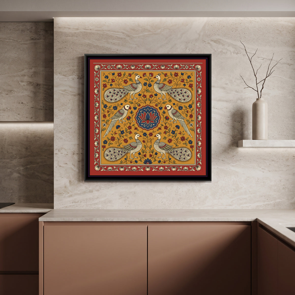 Kalamkari Painting – Parrot and Peacock Mandala - canvas print shown in a second room setting