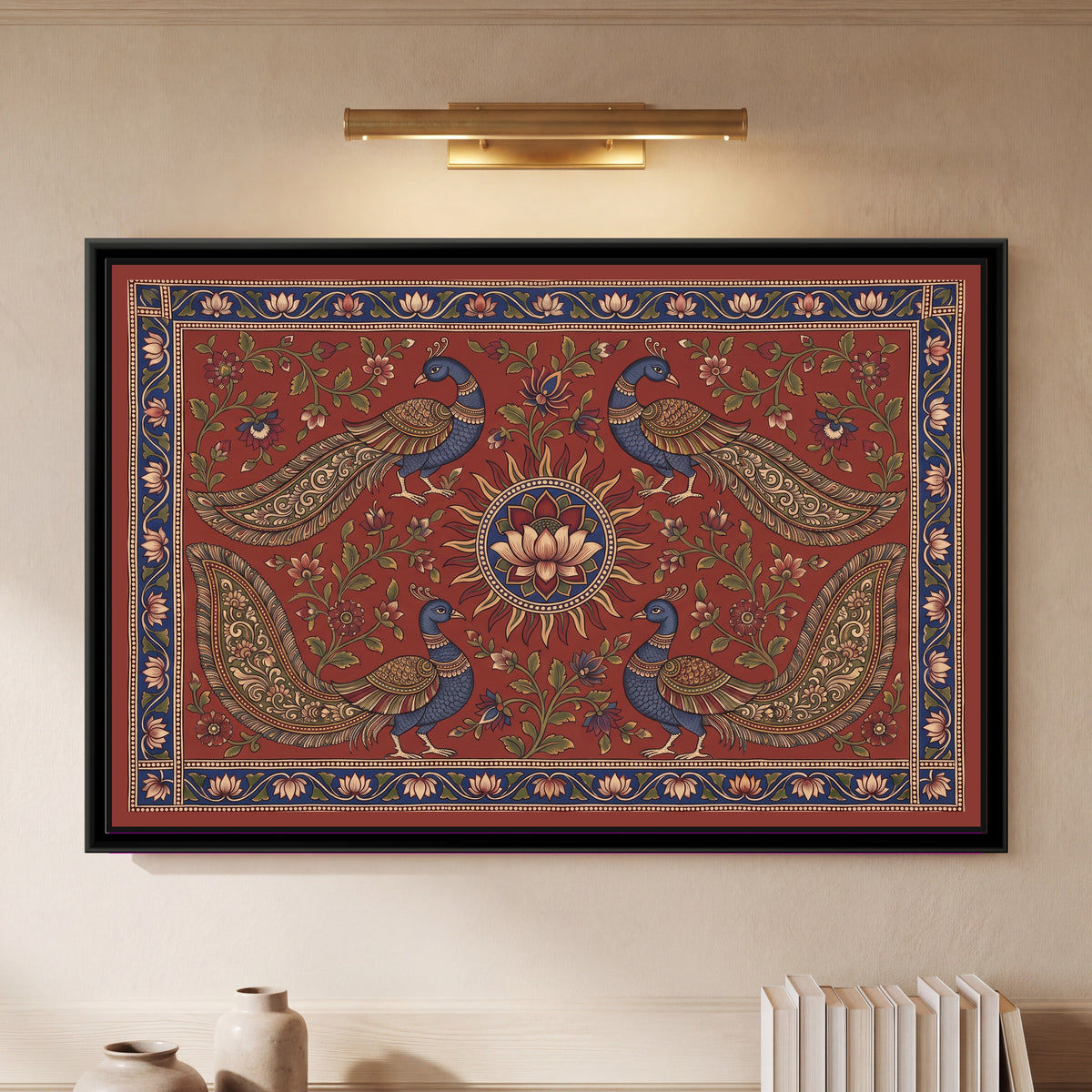 Kalamkari Painting – Four Peacocks around a Sun Medallion – Madder - framed canvas print of four indigo blue peacocks with ochre and green patterned wings in mirrored pairs, two above with tails sweeping out to the sides and two below with large paisley-shaped tails, around a central sun medallion of red and ochre rays circling a cream lotus, red and pink flowers on green creepers across a madder red ground, inside an indigo border of pink and cream lotuses, hung on a wall