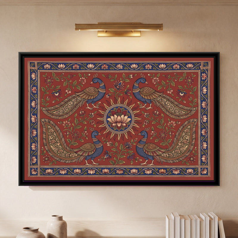 Kalamkari Painting – Four Peacocks around a Sun Medallion – Madder