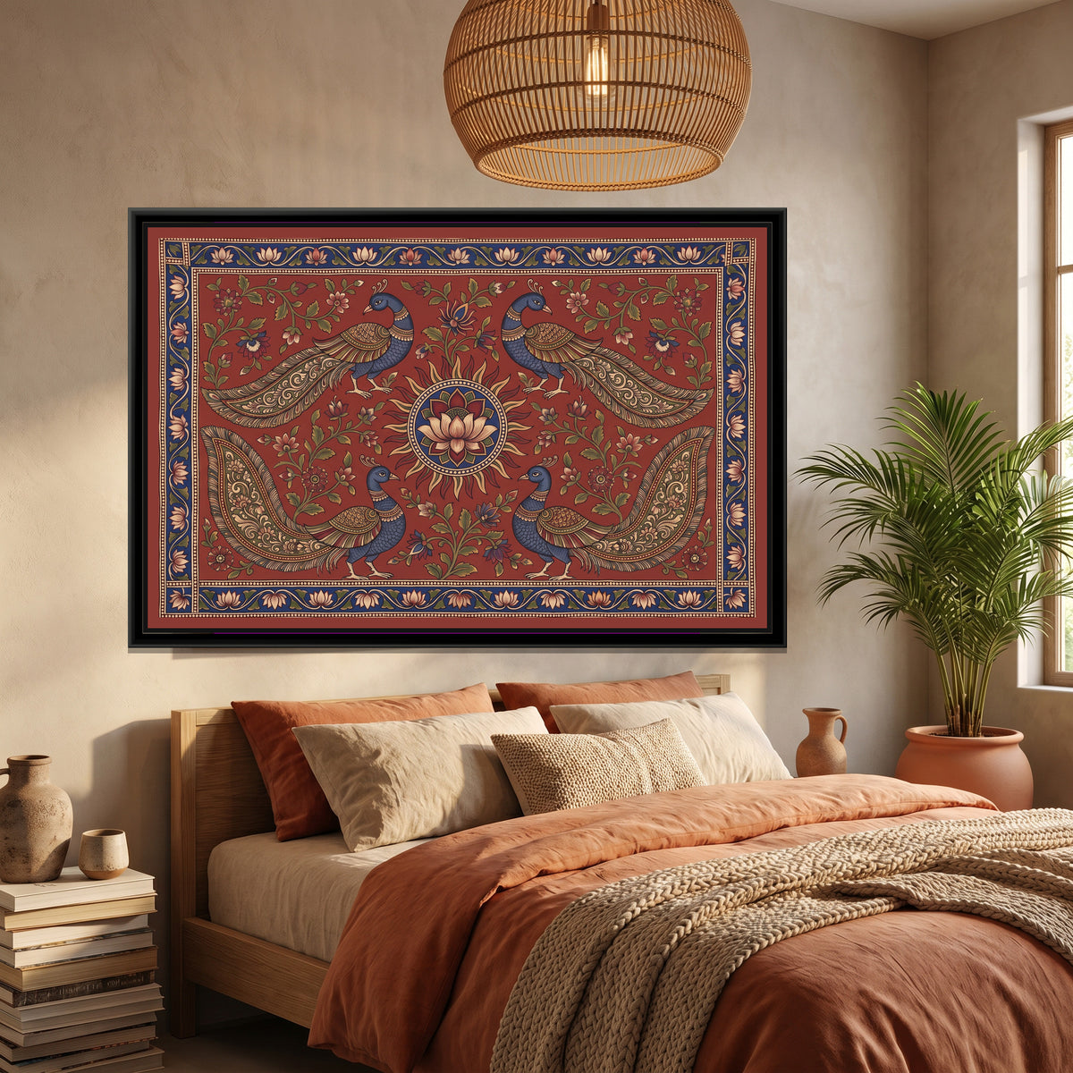 Kalamkari Painting – Four Peacocks around a Sun Medallion – Madder - canvas print shown in a second room setting