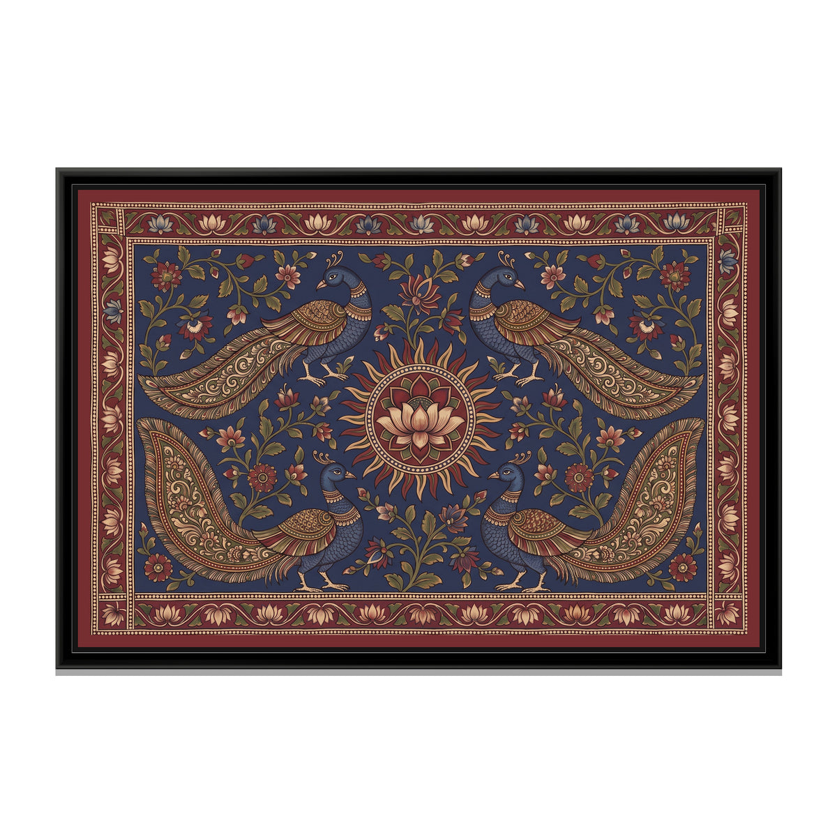 Kalamkari Painting – Four Peacocks around a Sun Medallion – Indigo - framed canvas print, front view
