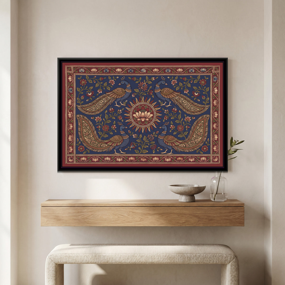 Kalamkari Painting – Four Peacocks around a Sun Medallion – Indigo - canvas print shown in a styled room
