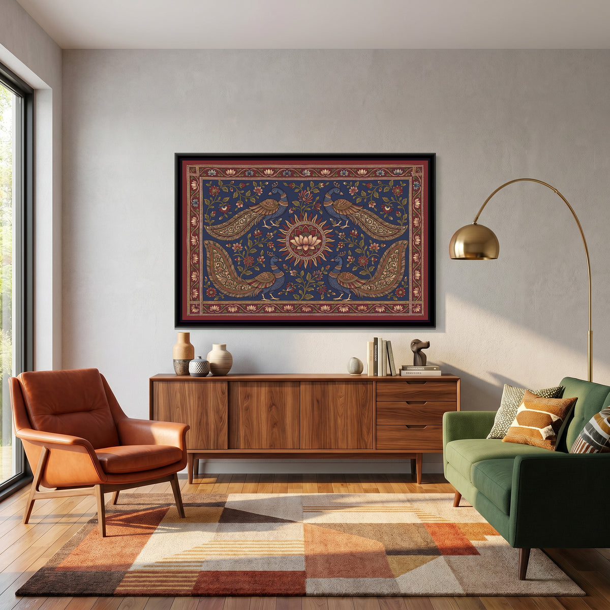 Kalamkari Painting – Four Peacocks around a Sun Medallion – Indigo - canvas print shown in a second room setting