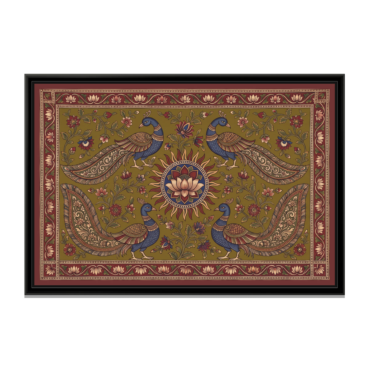 Kalamkari Painting – Four Peacocks around a Sun Medallion – Olive - framed canvas print, front view