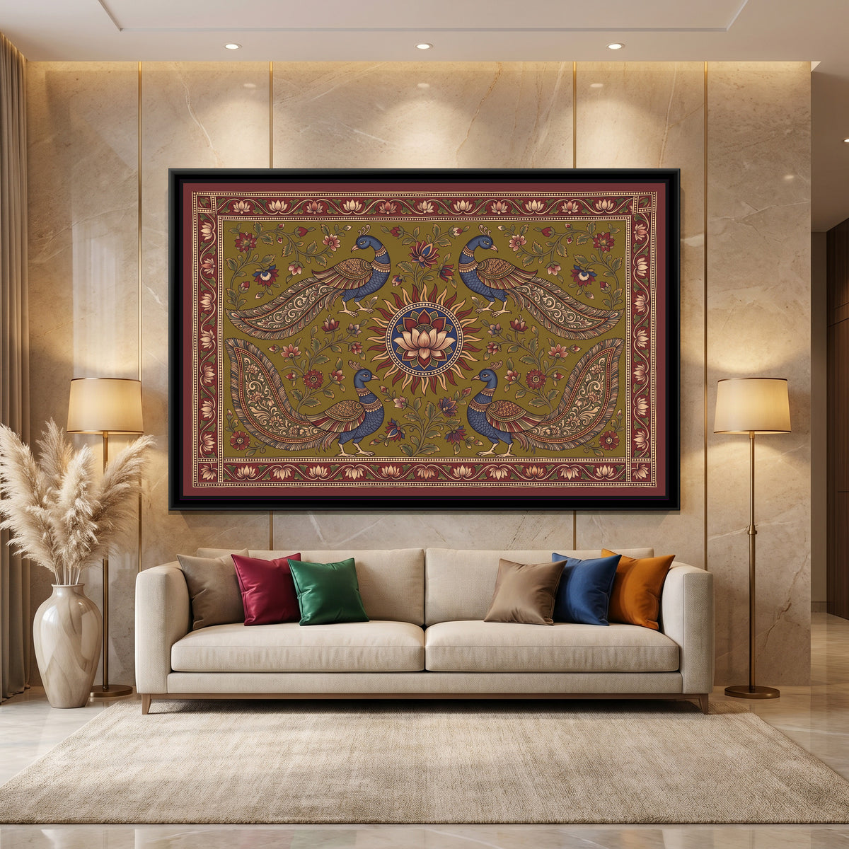 Kalamkari Painting – Four Peacocks around a Sun Medallion – Olive - canvas print shown in a styled room