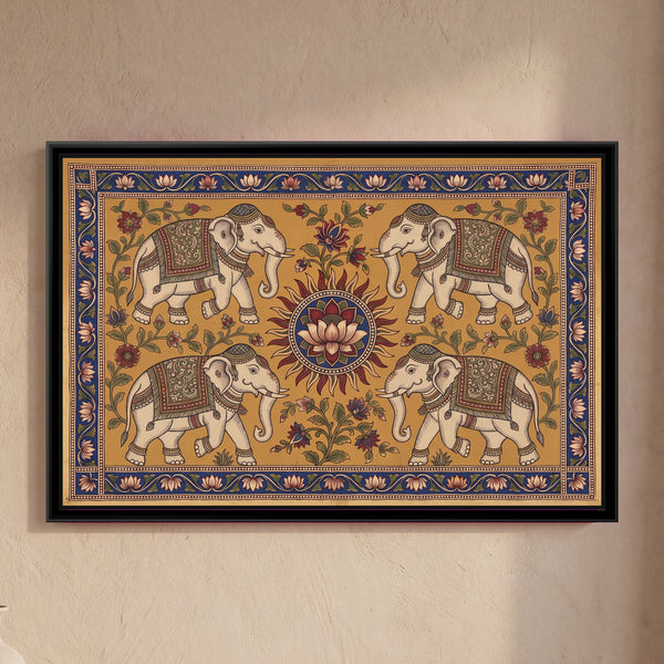 Kalamkari Painting – Four Elephants around a Sun Medallion