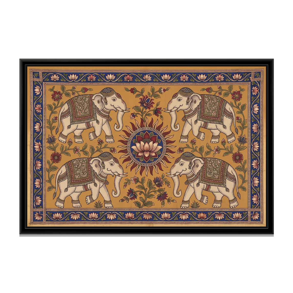 Kalamkari Painting – Four Elephants around a Sun Medallion - framed canvas print, front view